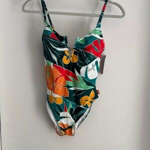 Vince Camuto Tropical Leaf Print One-Piece Swimsuit - Teal Multi